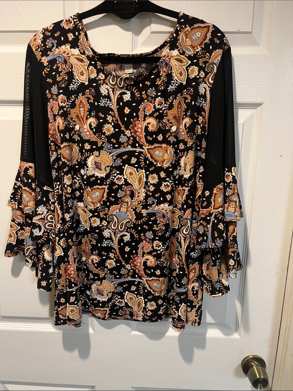 Women’s Black Paisley Ruffle Sleeve Tunic Top